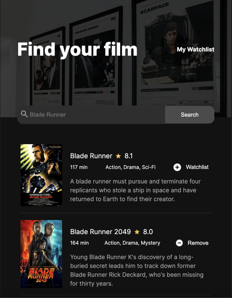 An image of the Web app showing a list of movies including Blade Runner